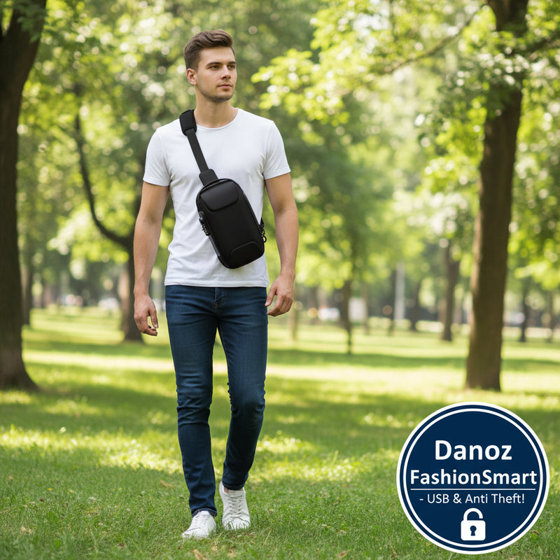 Black sling bag with USB port on a white background