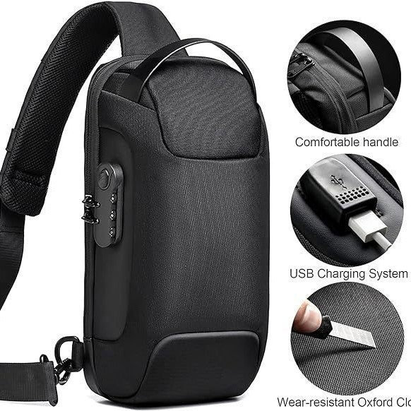 Danoz FashionSmart - Black Lightweight Anti-Theft Tactical Chest Bag - Waterproof Security Sling Bag with 3-Digit Password Lock & Smart USB Charging Port