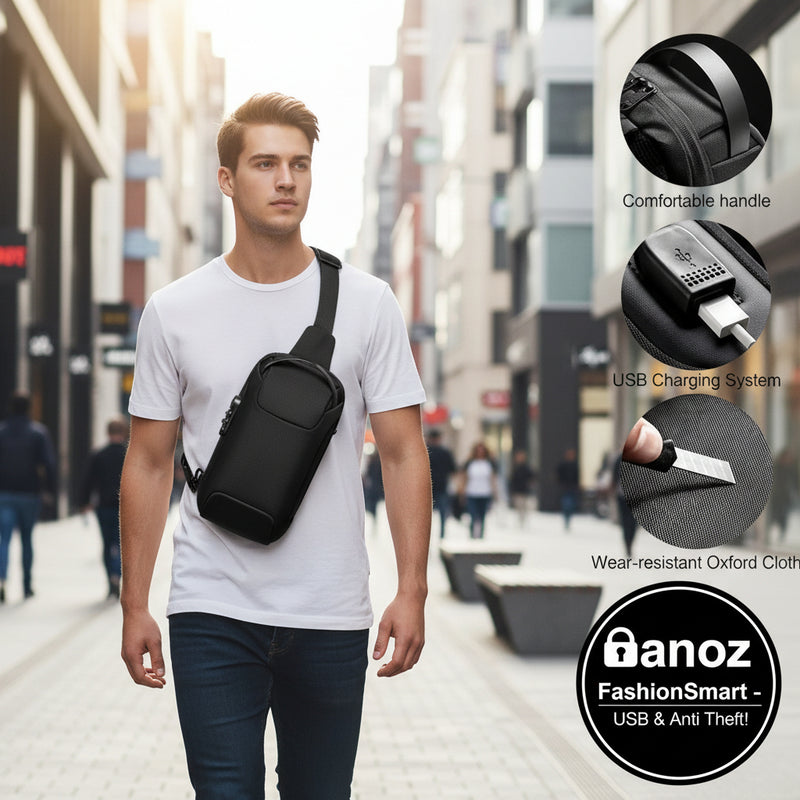 Black sling bag with USB charging system and wear-resistant Oxford cloth, shown with close-up details on a white background.