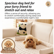 Dog lying on a spacious dog bed with text describing its benefits