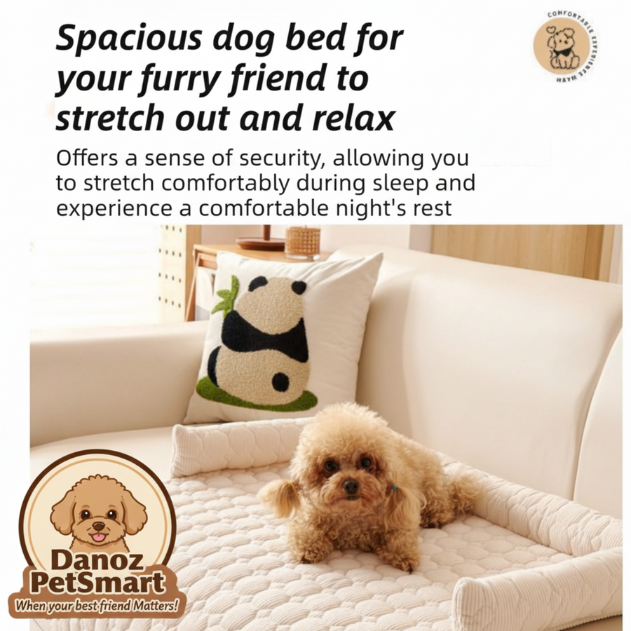 Dog lying on a spacious dog bed with text describing its benefits
