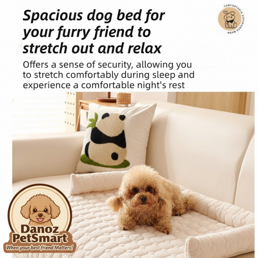 Dog lying on a spacious dog bed with text describing its benefits