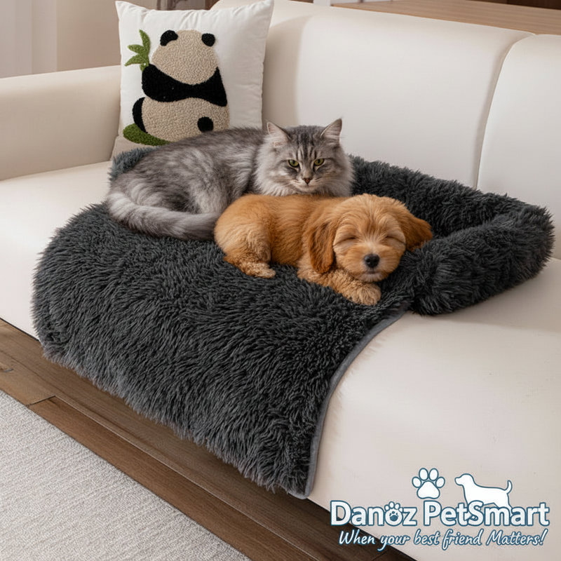 Danoz PetSmart - Black Pet Sofa Protector & Calming Bolster Bed with Long Plush - 75x75CM Thickened Non Slip Furniture Cover for Cats & Dogs