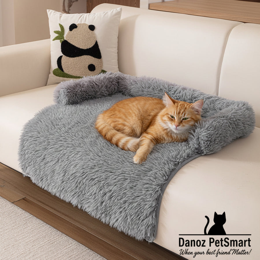 Gray fluffy blanket on a beige sofa with a panda pillow