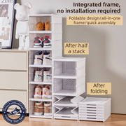 Foldable shoe storage cabinet with shoes inside, shown in expanded and folded states.