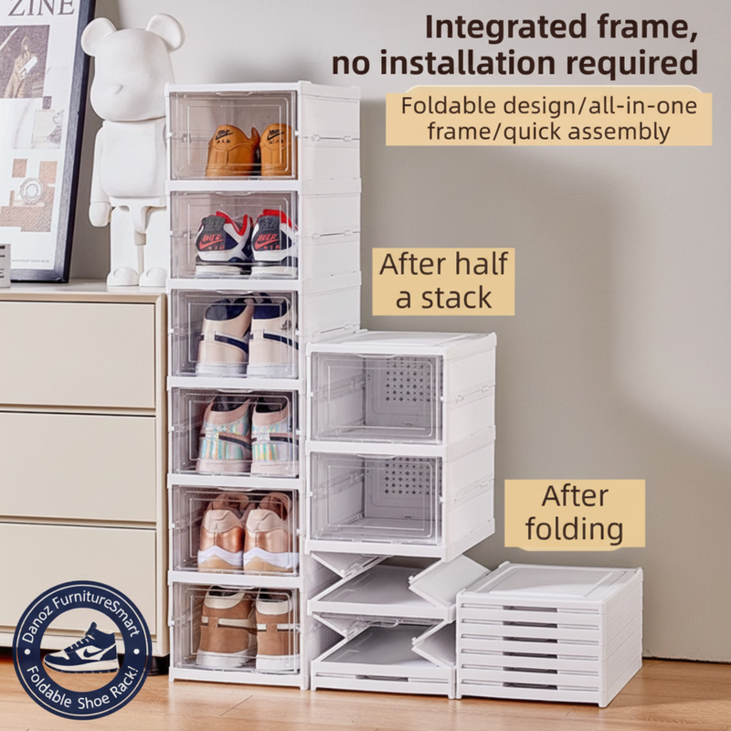 Foldable shoe storage cabinet with shoes inside, shown in expanded and folded states.