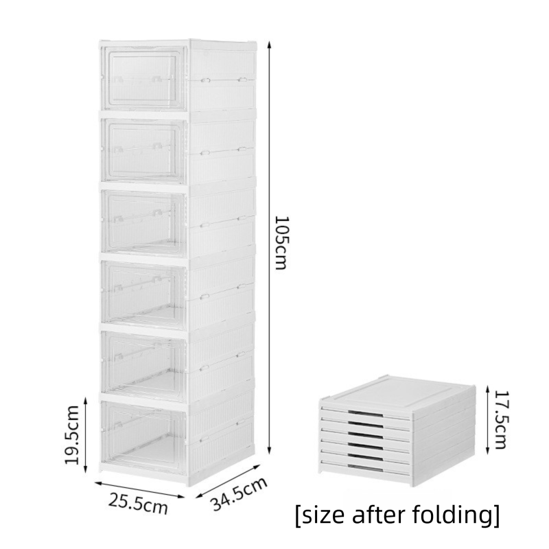 Danoz FurnitureSmart - White 6-Layer Foldable Shoe Storage Tower with Transparent Display Panel & Back Ventilation - One-Pull Instant Setup Stackable Box (25.5x34.5x105CM)