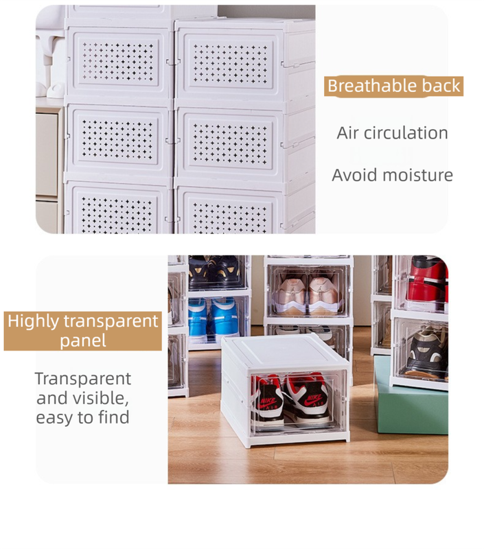 Danoz FurnitureSmart - White 6-Layer Foldable Shoe Storage Tower with Transparent Display Panel & Back Ventilation - One-Pull Instant Setup Stackable Box (25.5x34.5x105CM)