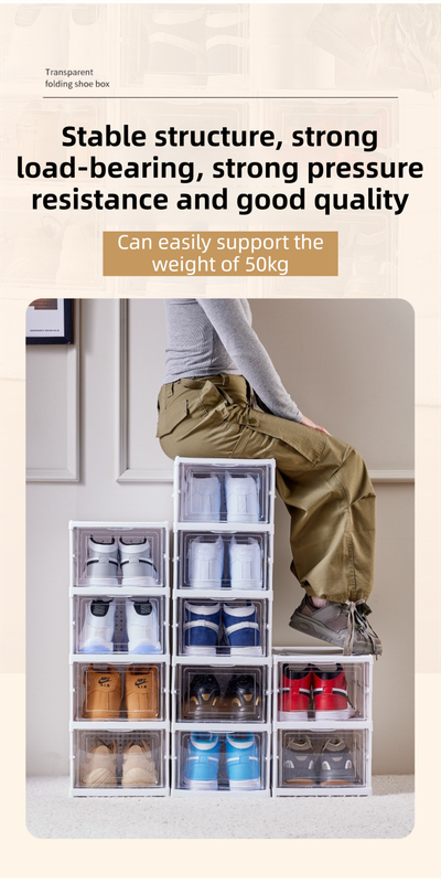 Danoz FurnitureSmart - White 6-Layer Foldable Shoe Storage Tower with Transparent Display Panel & Back Ventilation - One-Pull Instant Setup Stackable Box (25.5x34.5x105CM)