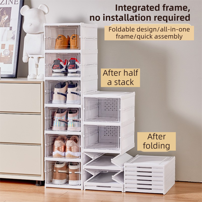 Danoz ShoeSmart - Transparent Grey 6-Layer Foldable Shoe Storage Tower with Transparent Display Panel & Back Ventilation - One-Pull Instant Setup Stackable Box (25.5x34.5x105CM)
