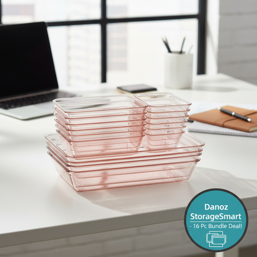 Pink 16-piece set of glass containers on a gray background