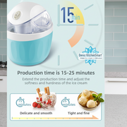Ice cream maker with production time display and ice cream examples on a light blue background