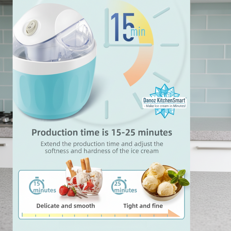 Ice cream maker with production time display and ice cream examples on a light blue background