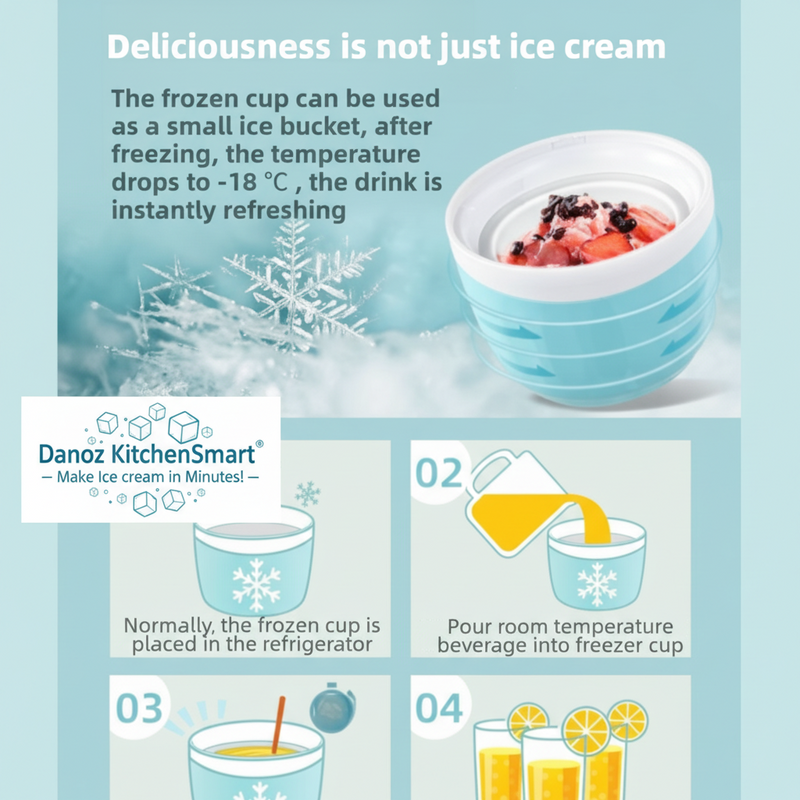 Frozen cup used for chilling drinks with text explaining its use