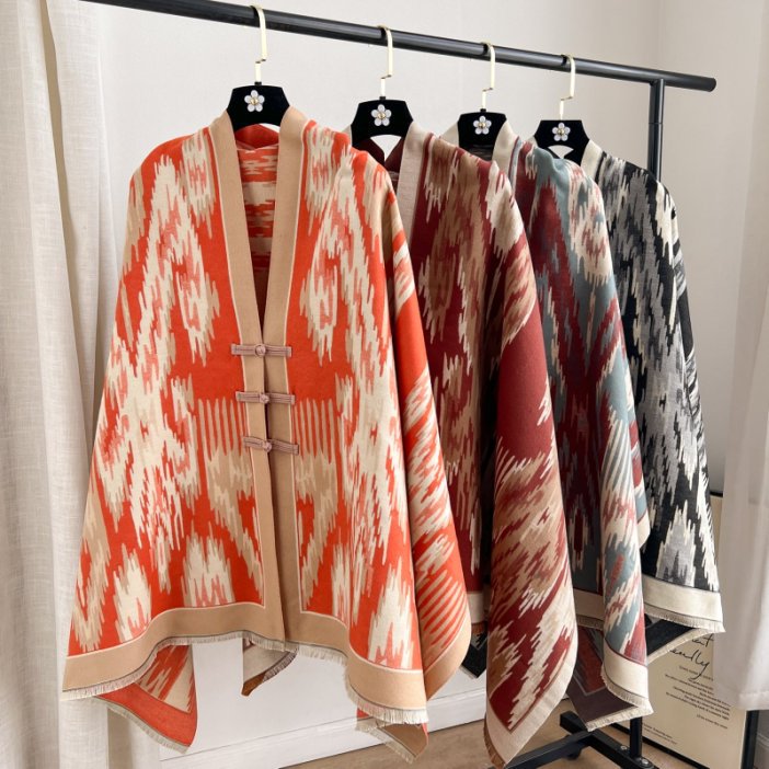 Danoz FashionSmart - Orange New Style Buttoned Shawl – Double-Sided Winter Scarf with Ethnic Pattern, Faux Cashmere Feel for Travel and Fashion