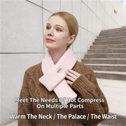 Woman wearing a pink neck warmer with text on a neutral background