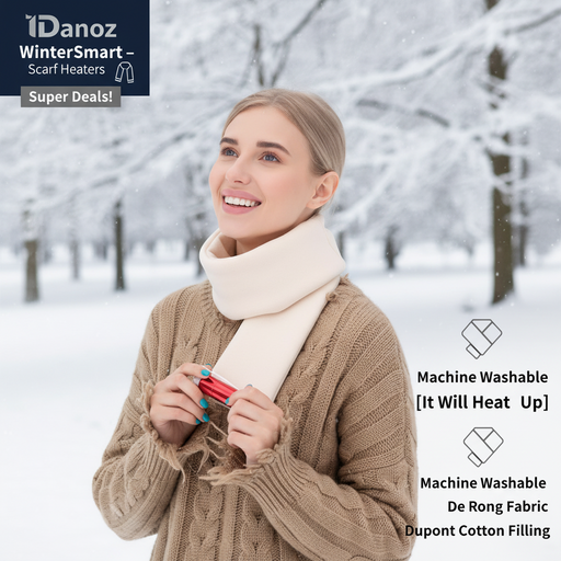 Woman wearing a heated scarf with text highlighting features on a plain background