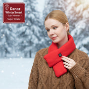Woman wearing a red neck warmer on a white background