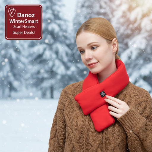 Woman wearing a red neck warmer on a white background
