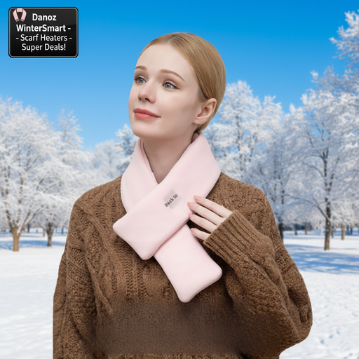 Woman wearing a pink neck warmer with text on a neutral background