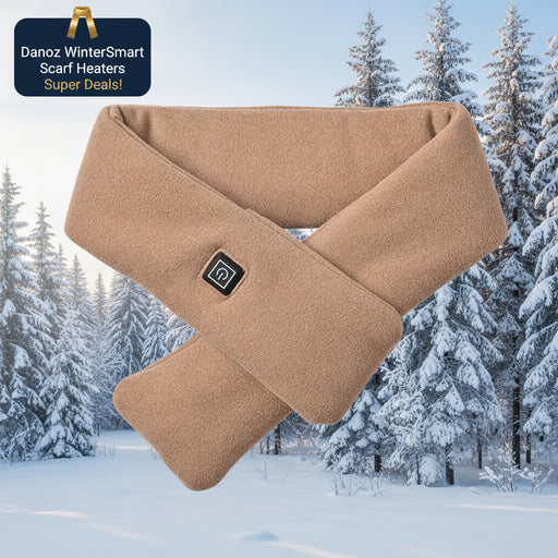 Beige neck warmer with a brand logo on a light gray background