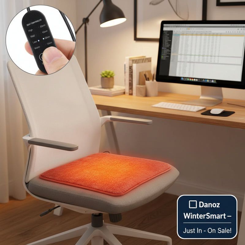 Heated office chair cushion with remote control on a white background