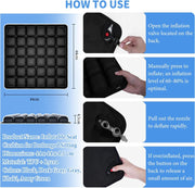 Instructions on how to use an inflatable seat cushion with measurements and usage steps.