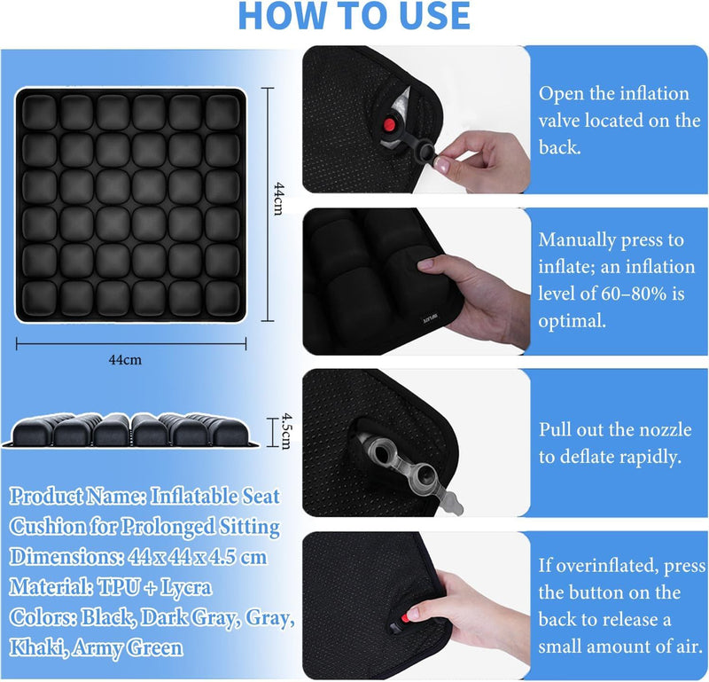 Instructions on how to use an inflatable seat cushion with measurements and usage steps.