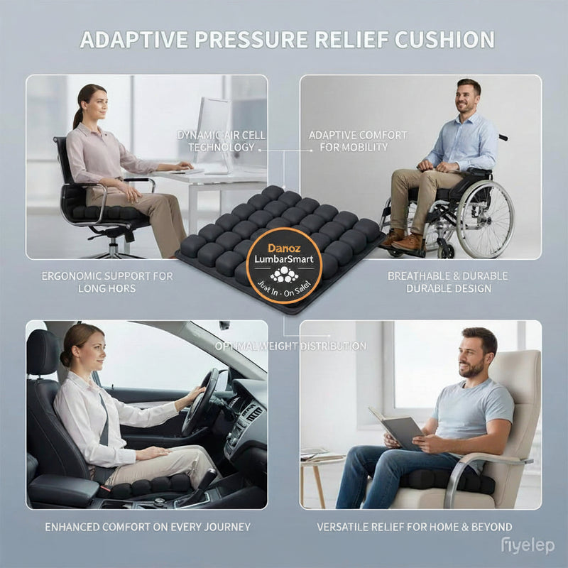 Adaptive pressure relief cushion with various usage scenarios and features.