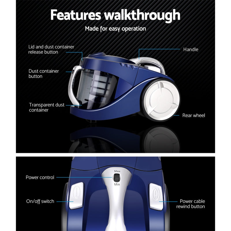 Efficiently clean your home with Devanti 2200W Bagless Vacuum Cleaner in Blue. Powerful 2200W motor and bagless design