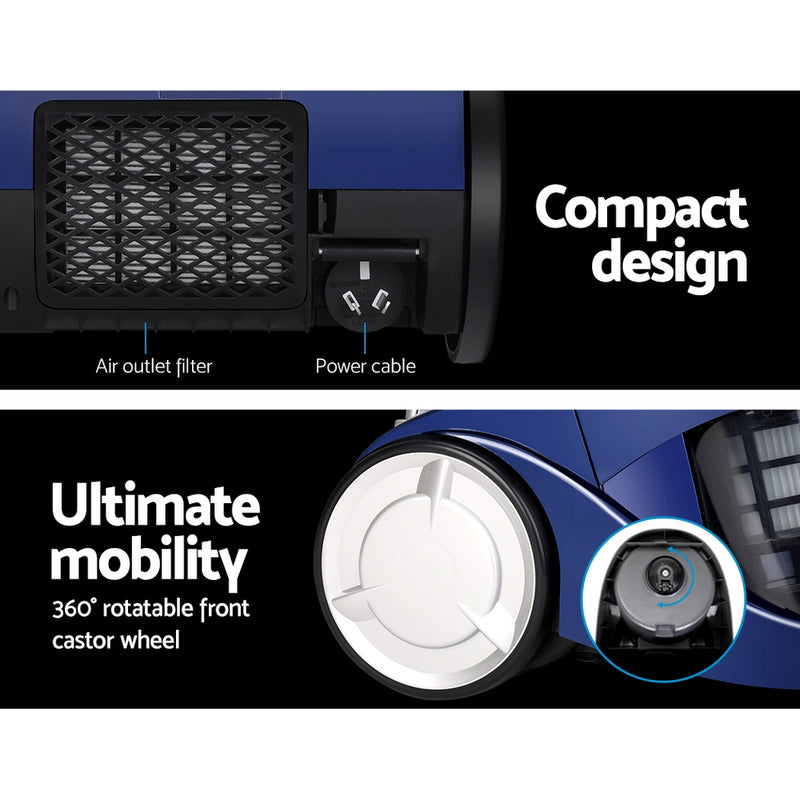 Efficiently clean your home with Devanti 2200W Bagless Vacuum Cleaner in Blue. Powerful 2200W motor and bagless design