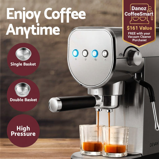 A stainless steel espresso machine with a black portafilter handle, shown dispensing coffee into two clear glasses. The image includes marketing text reading 'Enjoy Coffee Anytime' and feature callouts for single and double baskets plus high pressure.
