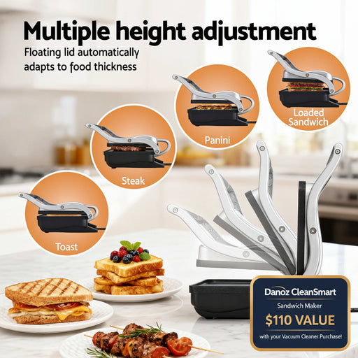 Multifunctional sandwich maker with adjustable lid on a kitchen counter, showing various food items.