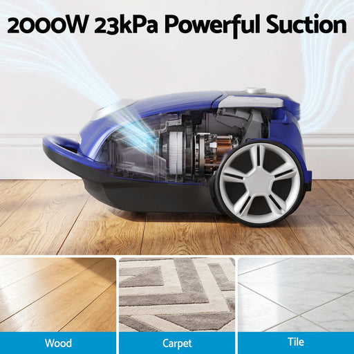 Blue and black canister vacuum cleaner shown on a wood floor with a cutaway view revealing internal components, plus text reading '2000W 23kPa Powerful Suction' and three floor-type icons labeled Wood, Carpet, and Tile.
