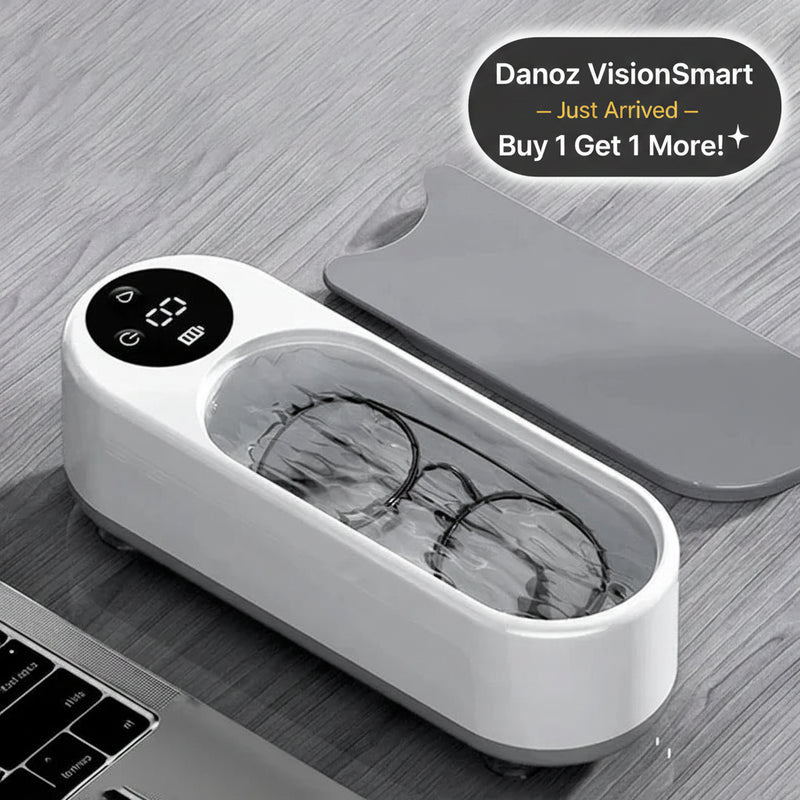 Eyeglasses in a white cleaning device on a wooden surface