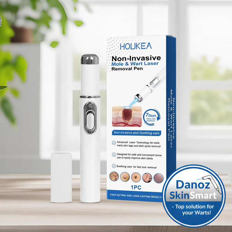 Non-invasive mole and wart laser removal pen with packaging on a wooden surface.