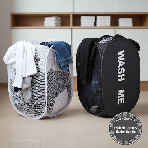 Two laundry hampers, one mesh and one with 'WASH ME' text, on a white background.
