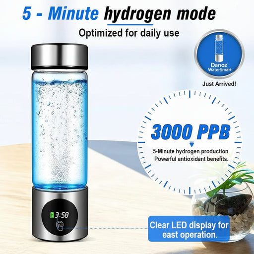 Hydrogen production device with water inside, labeled '5-Minute hydrogen mode' and '3000 PPB'.