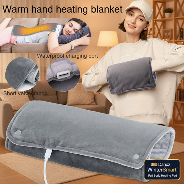 Warm hand heating blanket with charging port, waterproof feature, and short velvet fabric, shown in use and close-up.