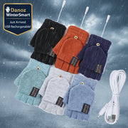 Set of heated gloves in various colors with a charging cable on a white background
