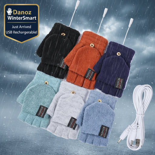Set of heated gloves in various colors with a charging cable on a white background
