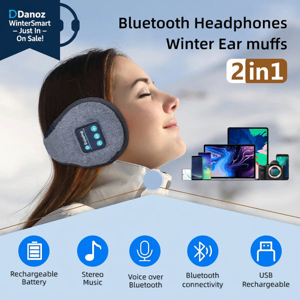 A woman wearing gray wireless headphones that cover the ears and have a control button on the side. The image also shows icons indicating features such as rechargeable battery, stereo music, voice over Bluetooth, Bluetooth connectivity, and USB rechargeable.