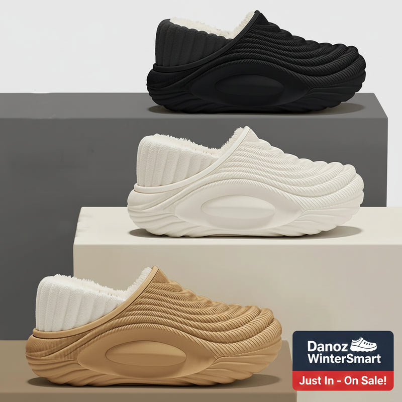 Three pairs of slippers in black, white, and beige on a neutral background