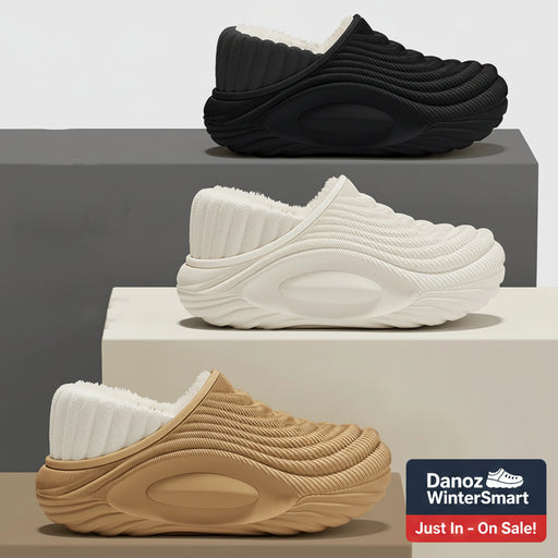 Three pairs of slippers in black, white, and beige on a neutral background