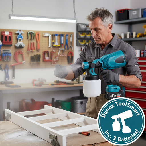 Man using a power sprayer on a wooden frame in a workshop with toolSmart branding.
