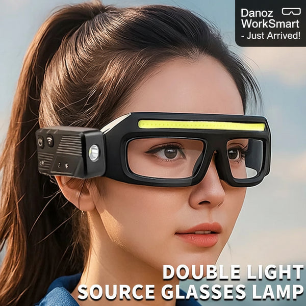 Person wearing a pair of glasses with a double light source lamp attachment against a blurred outdoor background.