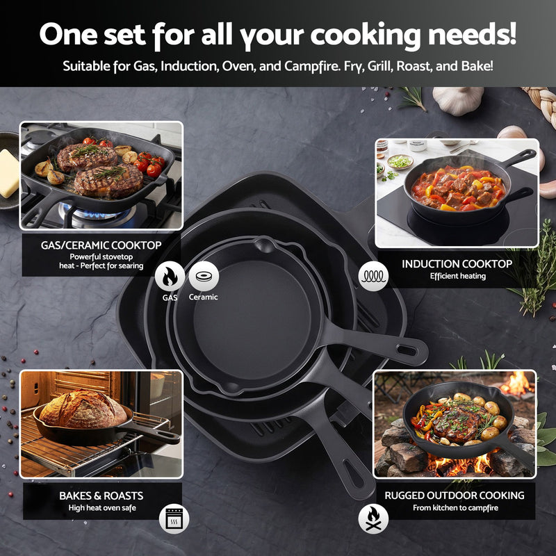 Danoz CookSmart – Cook Like a 5-Star Chef Every Night! Cast Iron Fry Pan & Skillet Set – 4 Pieces, PFOA-Free, Works on Gas, Induction, Ceramic, Electric & Campfire 🍳🔥✨