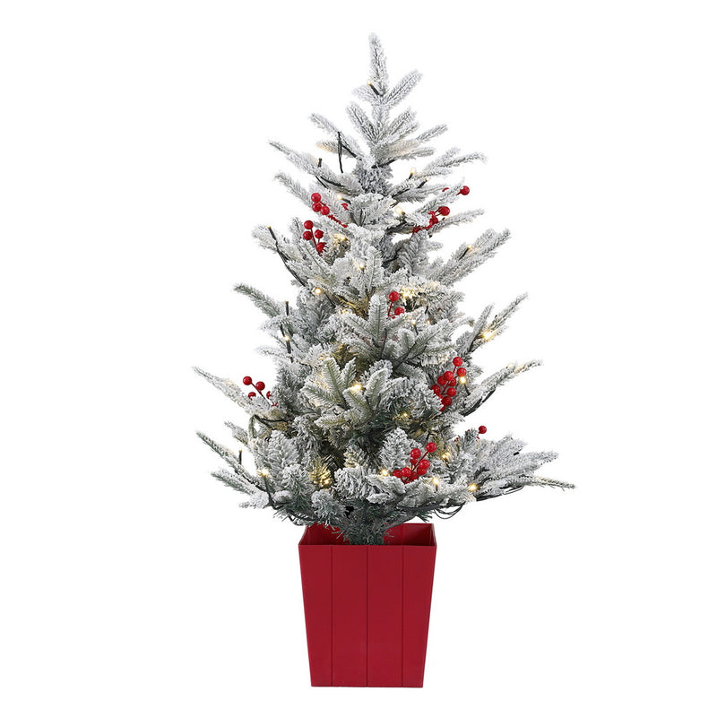 Danoz Xmas - Jingle Jollys Christmas Tree 1M LED Potted Xmas Party Decor Red Barries Flocked
