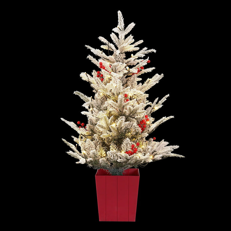 Danoz Xmas - Jingle Jollys Christmas Tree 1M LED Potted Xmas Party Decor Red Barries Flocked