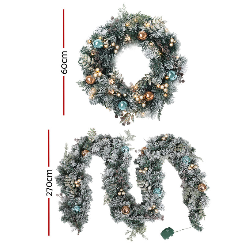 Danoz Xmas🎅 Jingle Jollys 2.7m Christmas Garland with Wreath Set LED Lights Snowy Xmas Decor